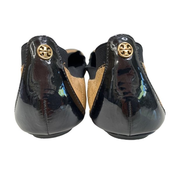 9.5 Tory Burch Quilt Scrunch Bridgette Leather Ballet Flats Black Toe Cap - Picture 3 of 12